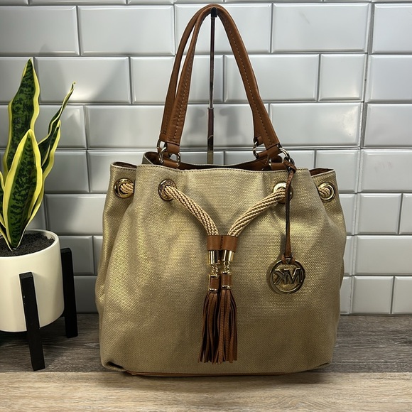 MICHAEL Michael Kors Handbags - Michael Kors Gold Metallic Large Bucket Bag With Rope Detail Shoulder Bag